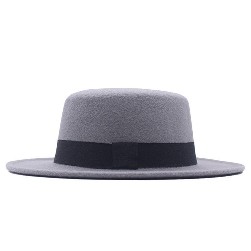 Retro British style black ribbon flat top top hat couple men and women spring and autumn woolen thermal hat