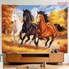 Three Running Horses Tapestry with Autumn Trees Golden Grass and Church Spire 180x280cm Wall Decor