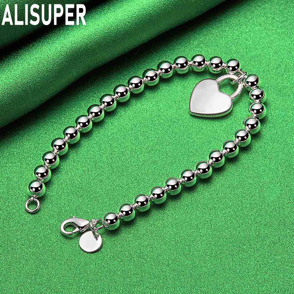 925 Sterling Silver 6mm Side Chain Heart Pendant Bracelet Gift Jewelry