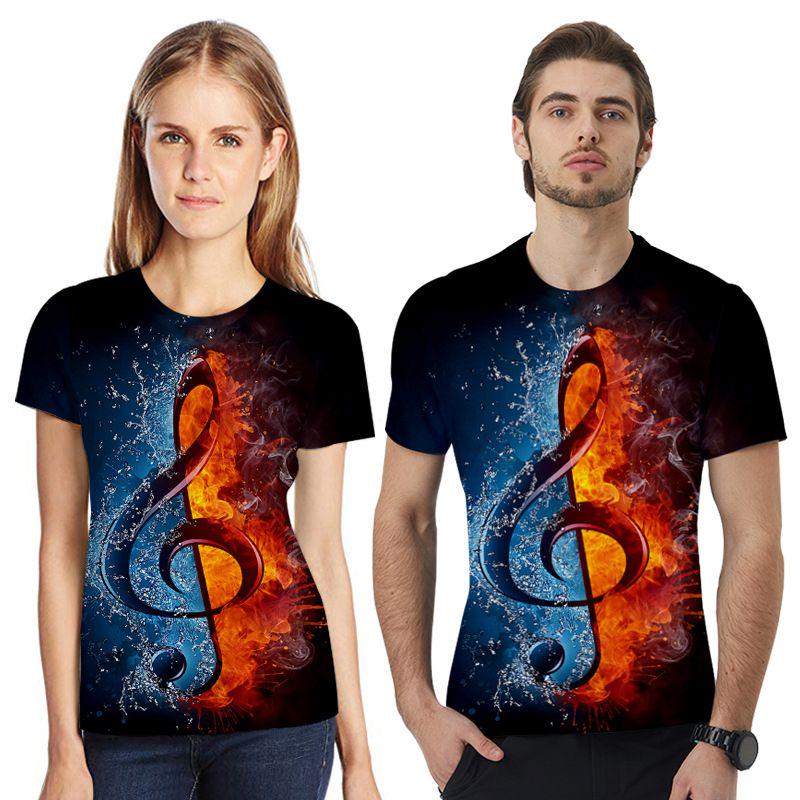 Stylish Mens Ice Fire Music Note 3d Printed Short-sleeved O-neck Casual Tee