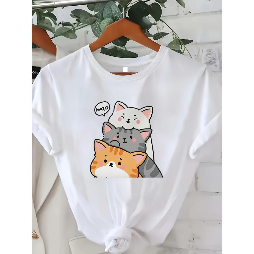 Adorable Pile of Cats Graphic Tee Kawaii Cartoon Kitten Stack Design Casual Cotton T-Shirt for Cat Lovers and Pet Fans