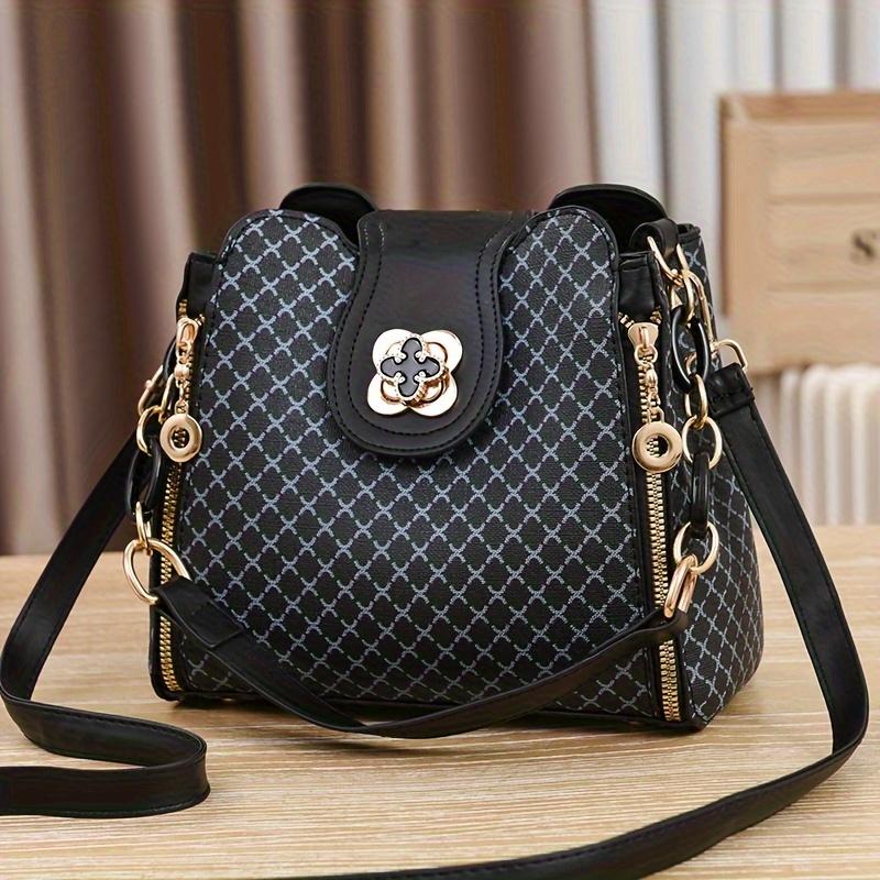 Stylish Geometric Pattern PU Crossbody Bag | Women's Chic Bucket Bag with Flower Buckle & Retro Chain