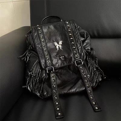 JIAERDI Vintage Gotický Černý PU Kožený Batoh - Harajuku Velkokapacitní Retro Crossbody Taška pro Dámy