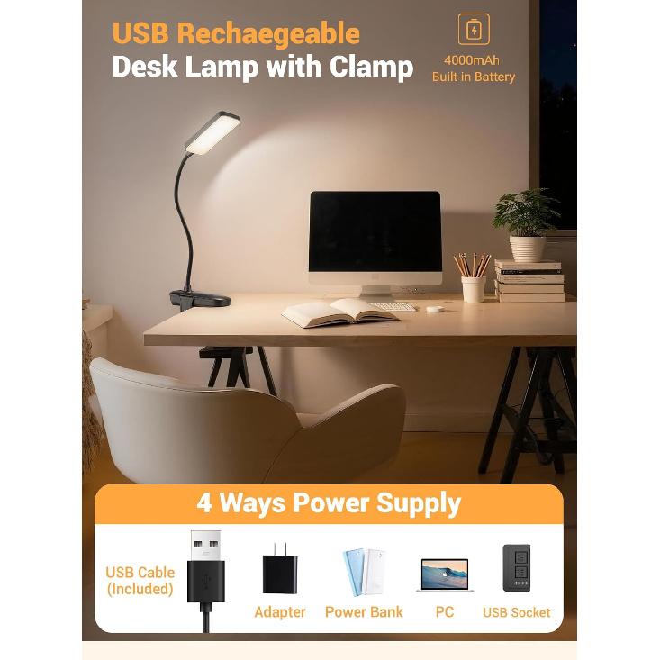 Aufsteckleuchte, 9 Helligkeitsstufen + 5 Farben, Wiederaufladbare Lampe, 48 LEDs, Kleine Schreibtischlampe | 4000mAh Akku-betrieben, 450 Lumen Klemmeuchte, Kabellos