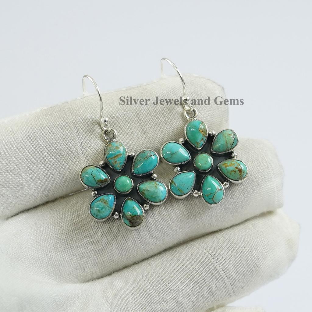 Natural Turquoise Dainty Flower Earrings, Dangle Earrings, 925 Sterling Silver Earrings, Cluster Jewelry, Gift for Mom, Birthday Earrings