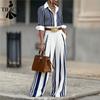 Women's Fashion Casual Summer Spring Stripe Print 3/4 Sleeves POLO Neck High Waist Trousers Pants Suits