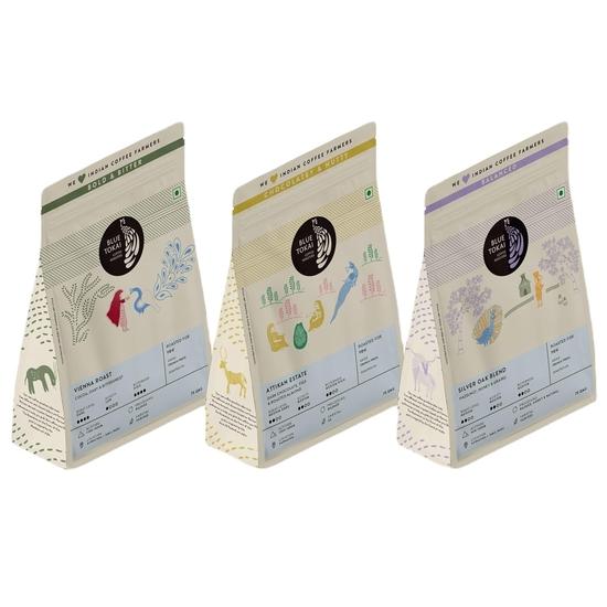 Blue Tokai Coffee Roasters Assorted Sampler Pack Of Coffee Blends|Attikan Estate & Silver Oak Medium Roasted (75 Gram Each, Pack Of 3) 250GM