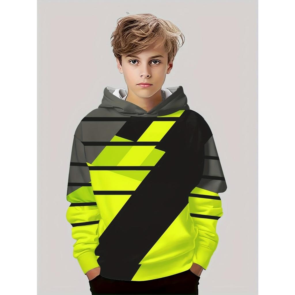 Trendy and Fashionable Children's Hoodies In Spring and Autumn Seasons, Gray Green Black Three Tone Striped 3D