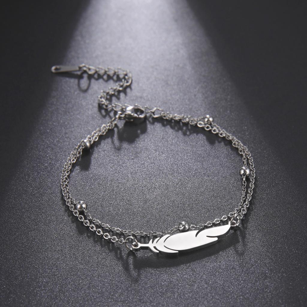 Stainless Steel  Bracelets for Women Silver Color Feather Bracelet for Ladies Beach Style Adjustable Ladies Bracelet