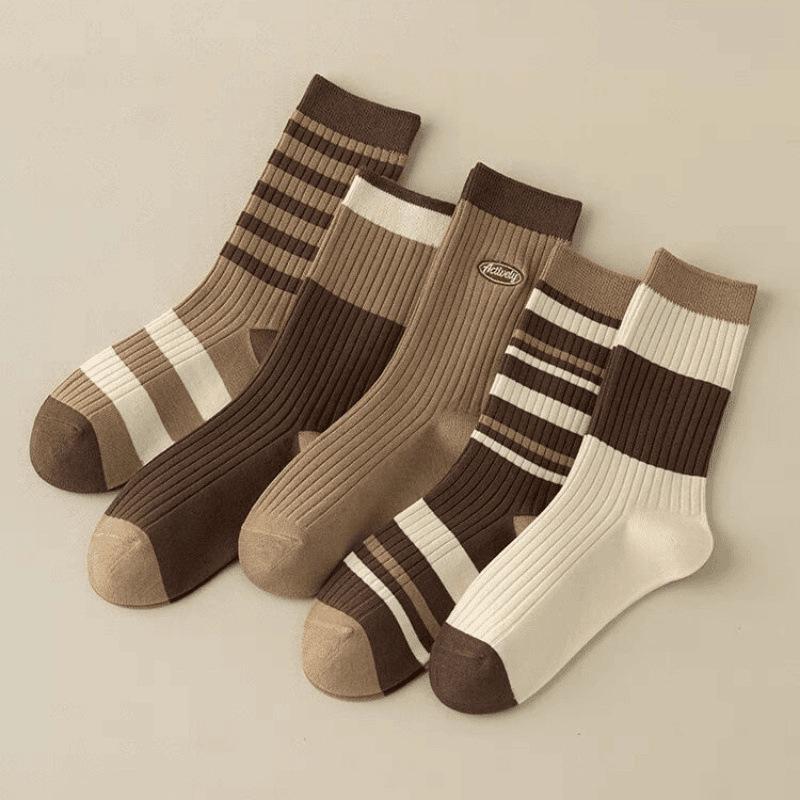Maillard Women's Striped Mid-Calf Cotton Socks - Trendy Autumn/Winter Pile In Coffee Color