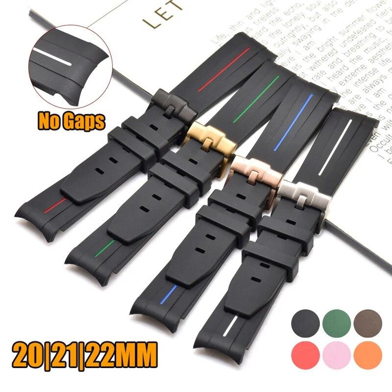 20/21/22mm Curved End Rubber Strap for Rolex Stainless Steel Buckle Men Women Sport Waterproof TPU Replacement Bracelet Band
