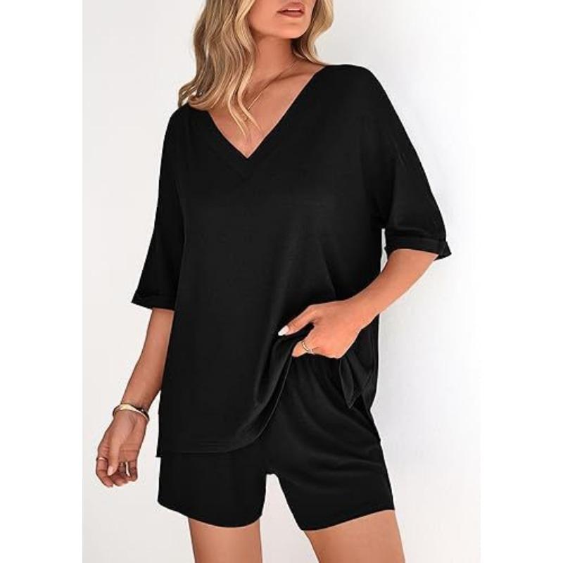 Women S V Neck Short Sleeve Top And Shorts Casual Set