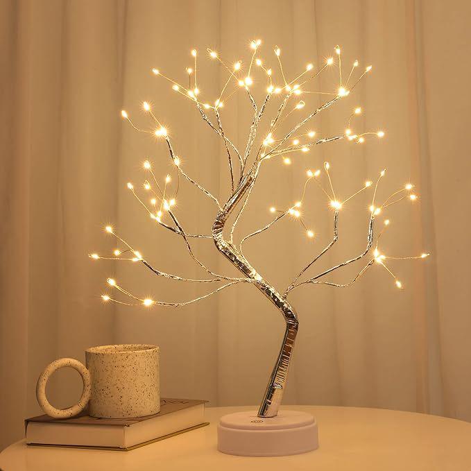 Bonsai LED Table Lamp with Pearl Gold Leaves & Silver Branches - Decorative Night Light & Christmas Tree Decor