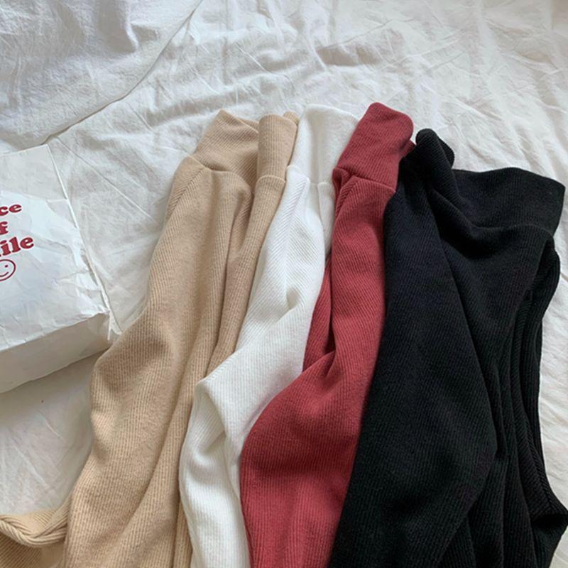 Korean-Style Autumn Loose Mid-High Neck Long Sleeve Shirt for Women - Solid Color Trendy Base Layer.