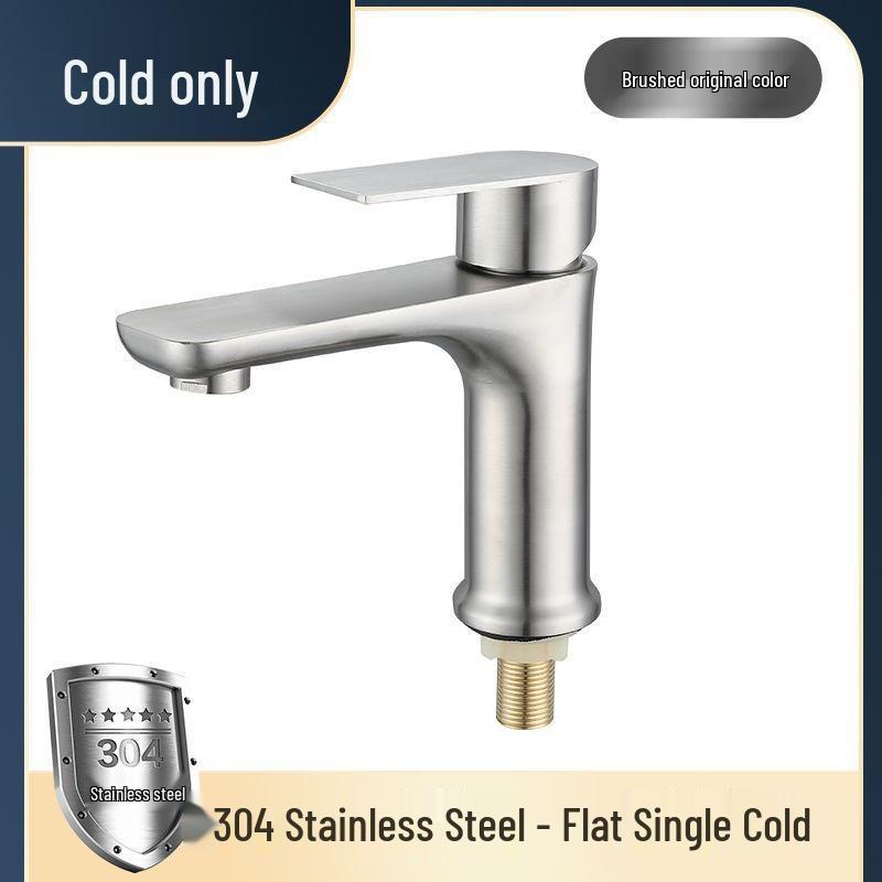 Brushed Stainless Steel Single Cold Water Washbasin Faucet for Flat or Countertop Basin 