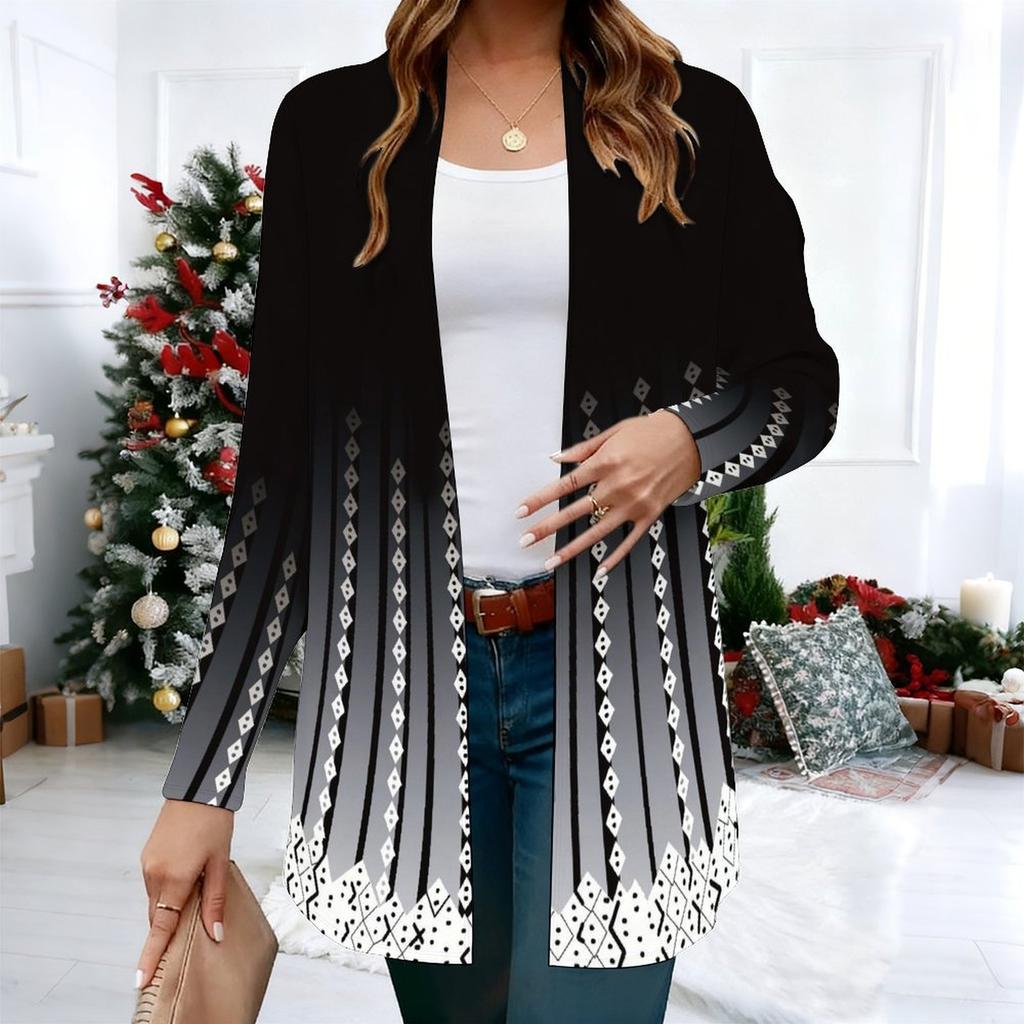 Women's Gradient Stripe Speckle Ethnic 3D Print Long Sleeve Open Front Cardigan, Casual Loose Fit Lightweight Street Style Outerwear