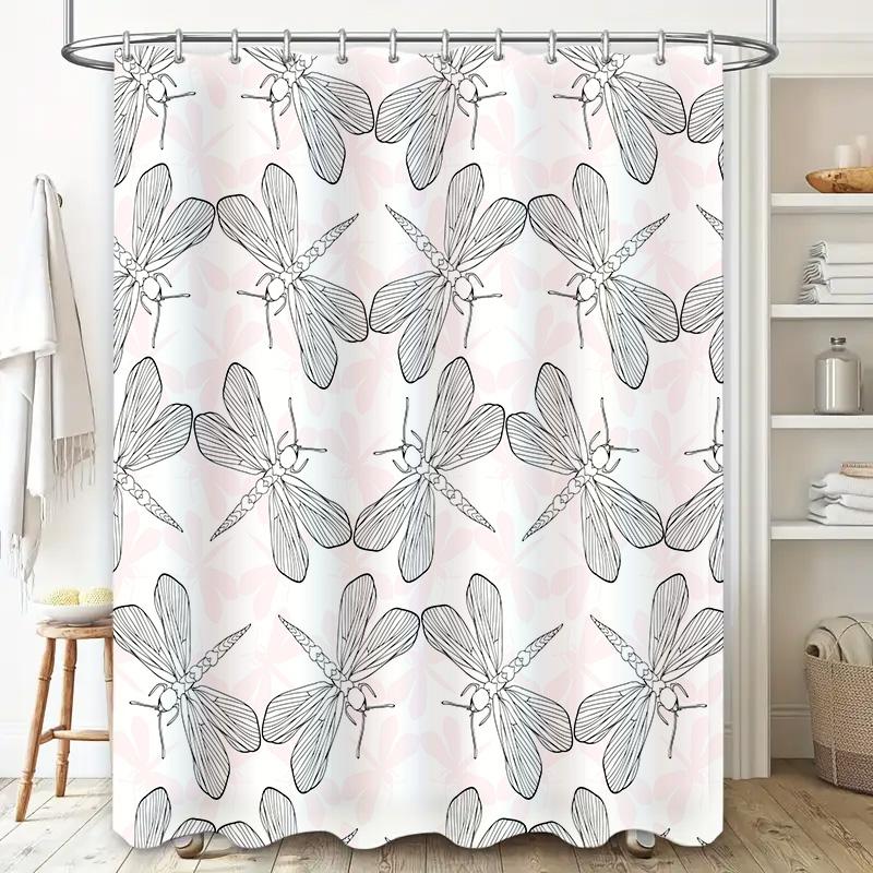 Modern Floral Dragonfly Bath Shower Curtain Set Decor Collection White Black with Rod Holders Included for Bathroom Decoration A