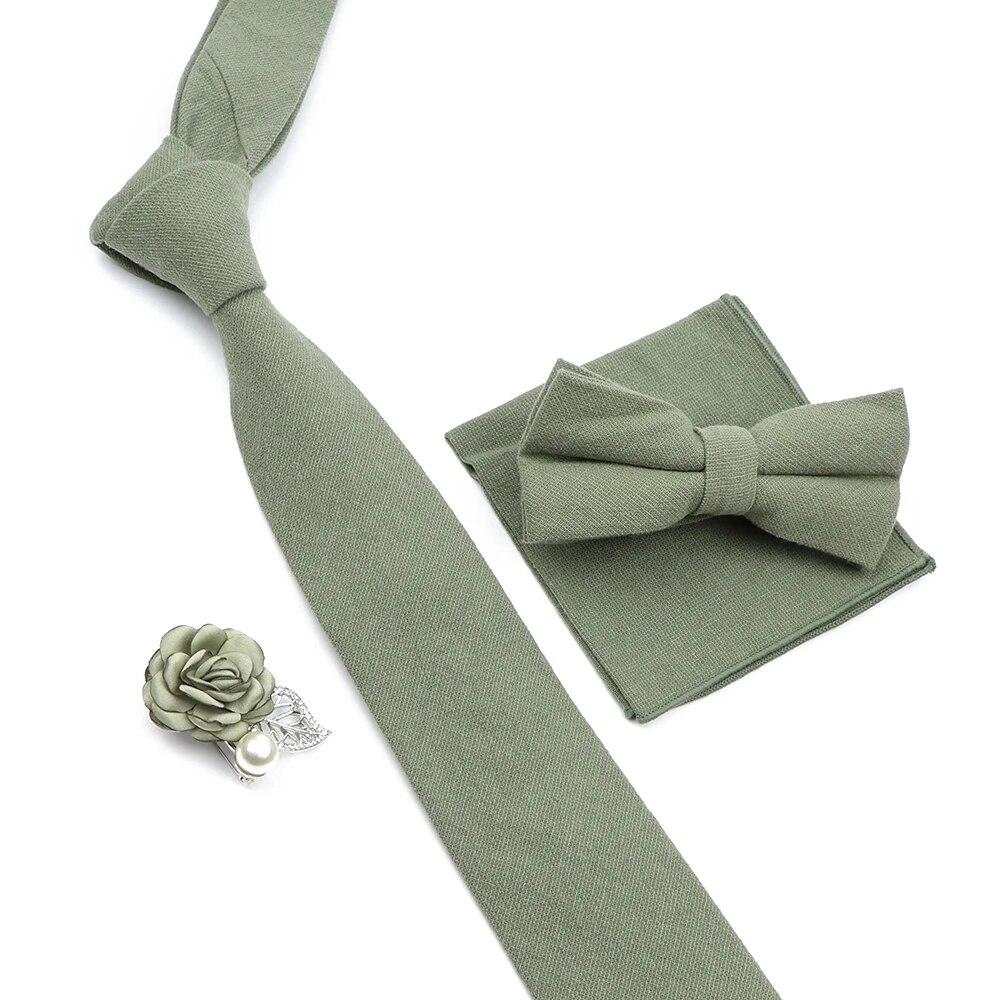 Solid Color Cotton Necktie Set For Men Tie 4pcs Hanky Cufflinks Rhinestone FLoral Brooch Tie Set
