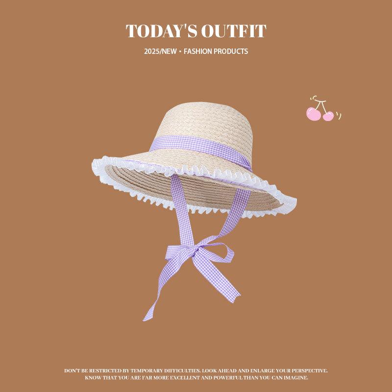 Summer Pastoral Style Lace up Straw Hat Women Korean Ins Sweet and Cute Big Brimmed Sun Straw Hat Beach Vacation Beach Hat