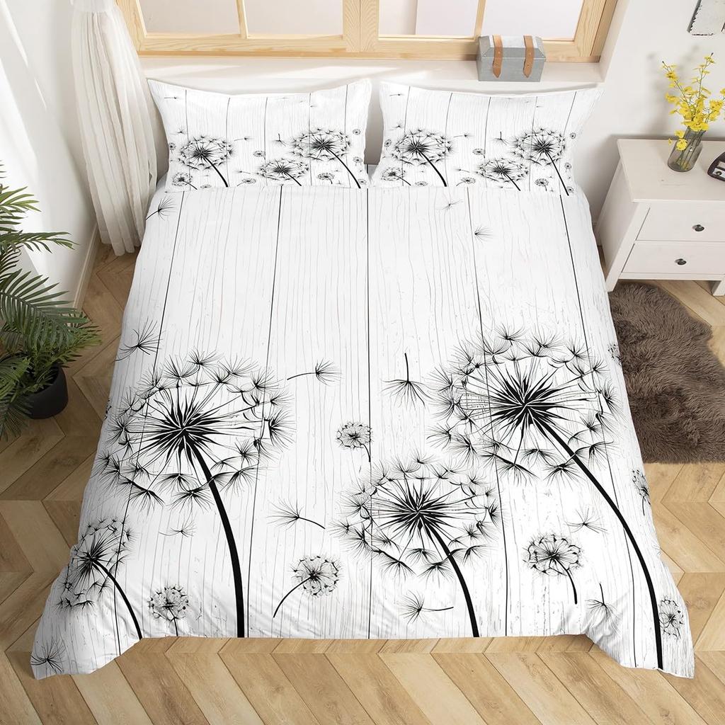 Dandelion Duvet Cover Flower Romance Theme Black and White Bedding Set Boys Girls Teens Microfiber Comforter Cover with Zipper