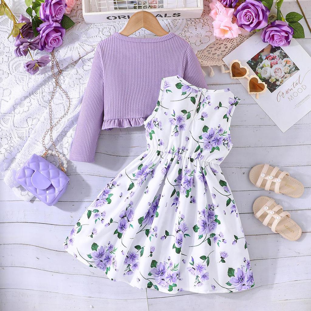 Set per Bambini 2-12 Anni Abbigliamento per Bambini Modelli Primavera e Autunno Vestito Colorato con Scollo all'Americana + Giacca Casual alla Moda per Bambini Completo