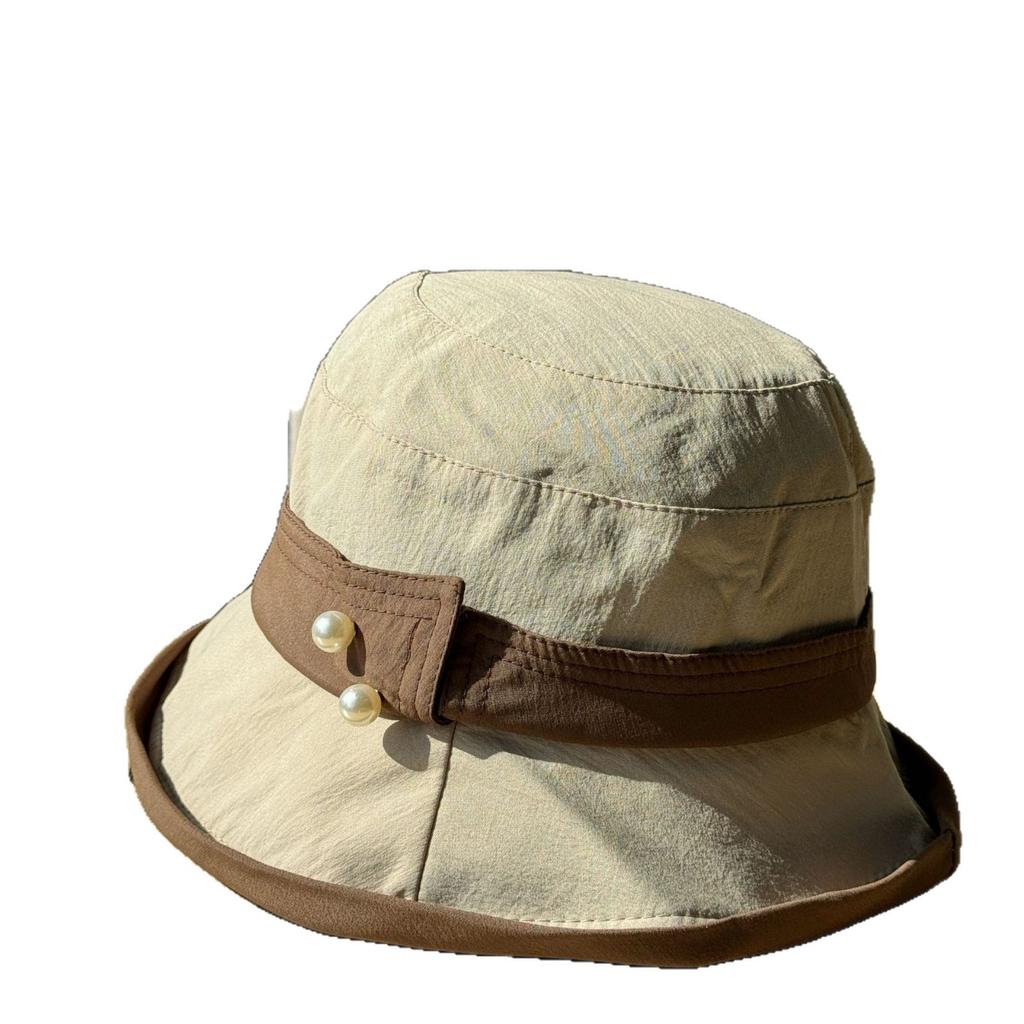 New Spring/Summer Quick-Dry Fisherman Hat for Women with Pearl Accents, Elegant and Fashionable for Travel, Face-Slimming, Versatile Sun Hat