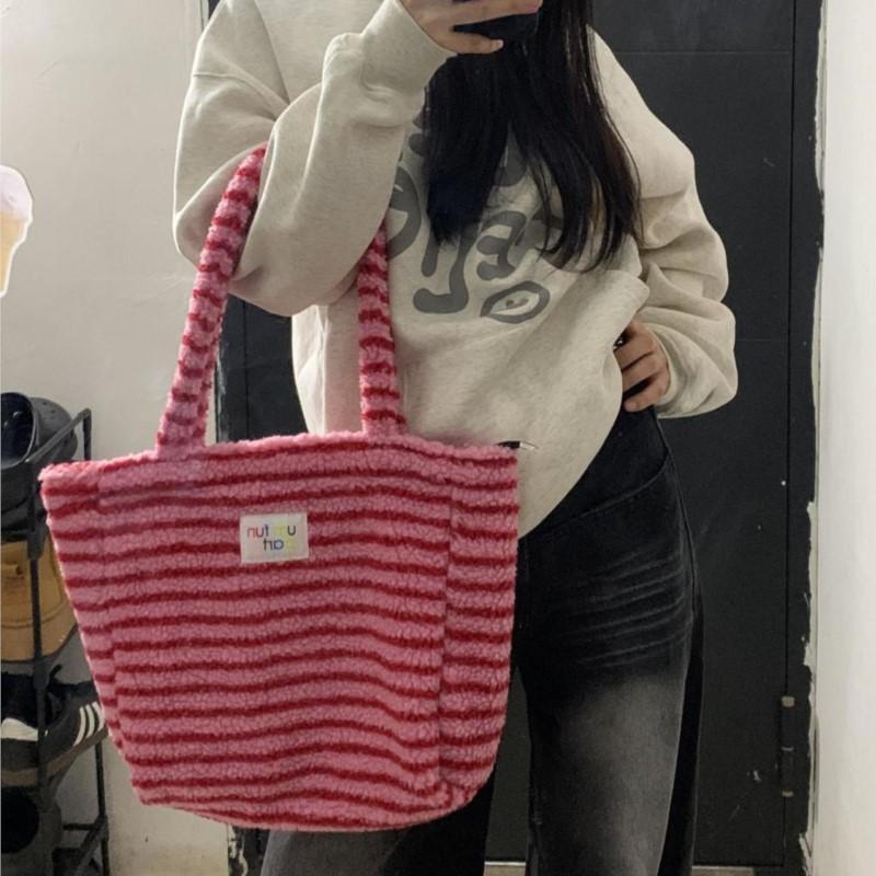 Retro Stripe Plush Tote Bag Women Lambswool Large Capacity Handbag Ladies Harajuku Preppy Style Commute Cute Daily Shoulder Bags