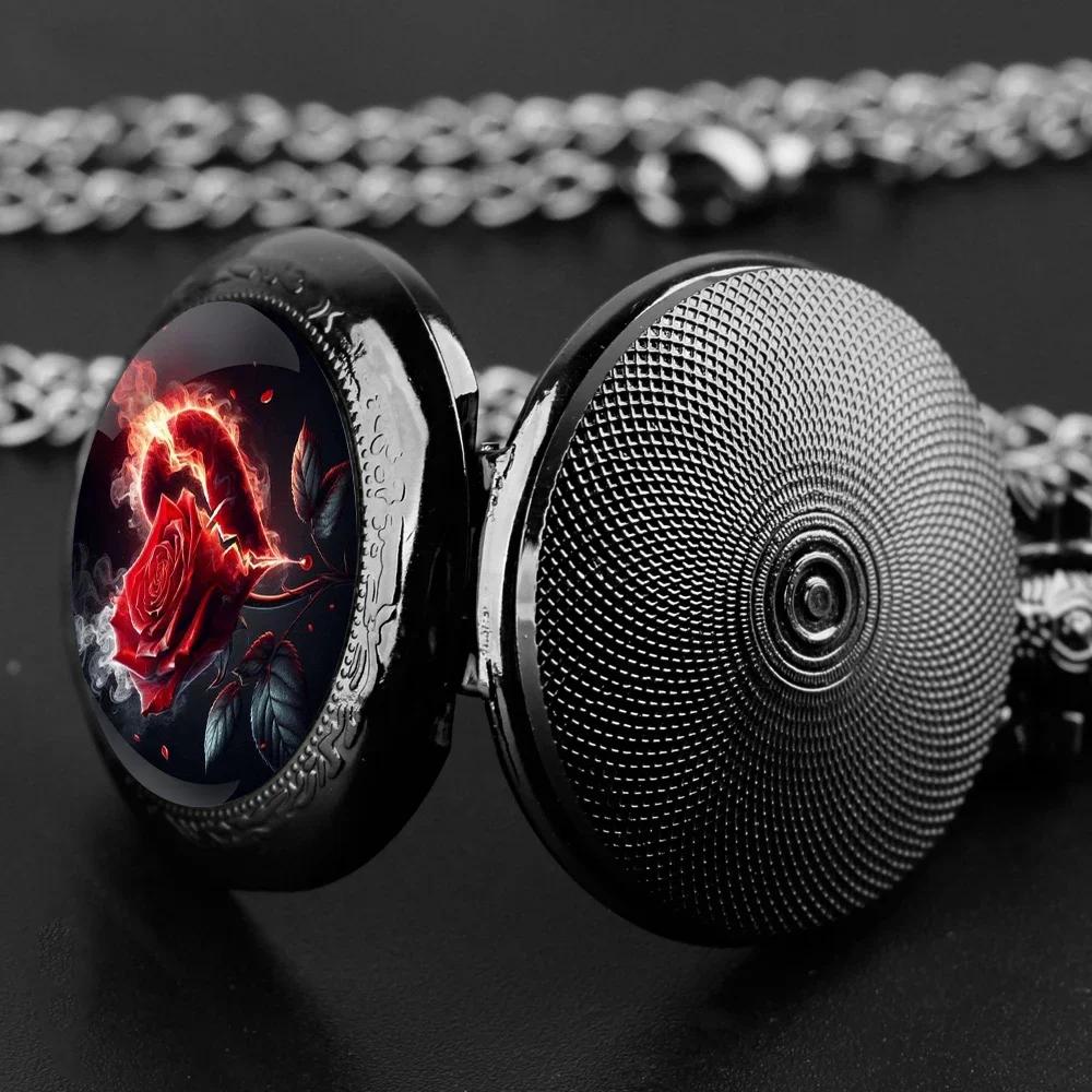 Stainless Steel Quartz Pocket Watch with Rose Heart Graphic Fashion Necklace Pendant Chain Personalised Jewelry for Men Women