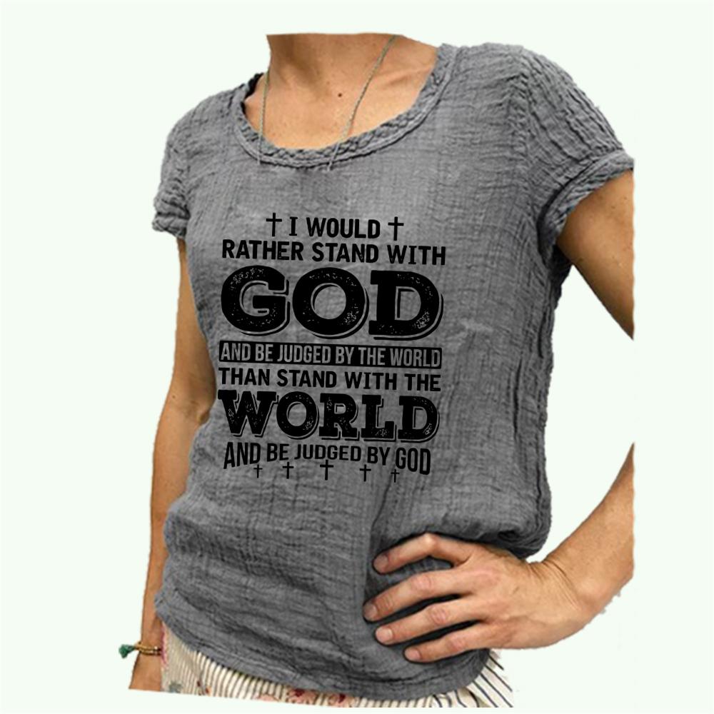 Women Fashion Cotton Linen T-shirt Round Collar Short Sleeve Top Spring&summer Print Blouse