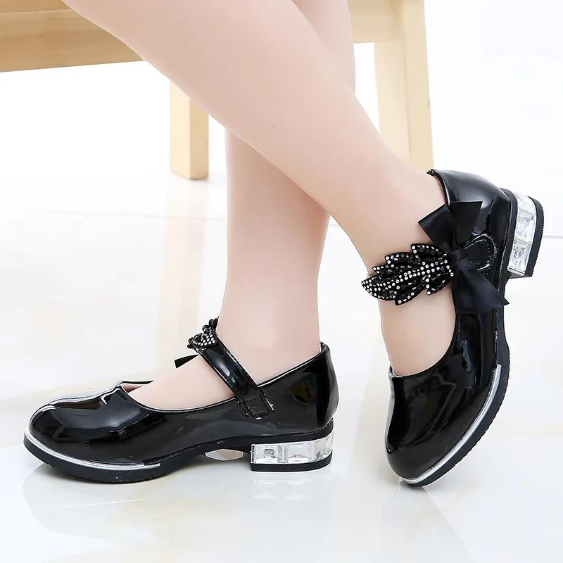 Kids Princess Shoes Solid Color Formal Versatile Girls Leather Shoes with Sweet Bow New Children Dance Dress Shoe for Party