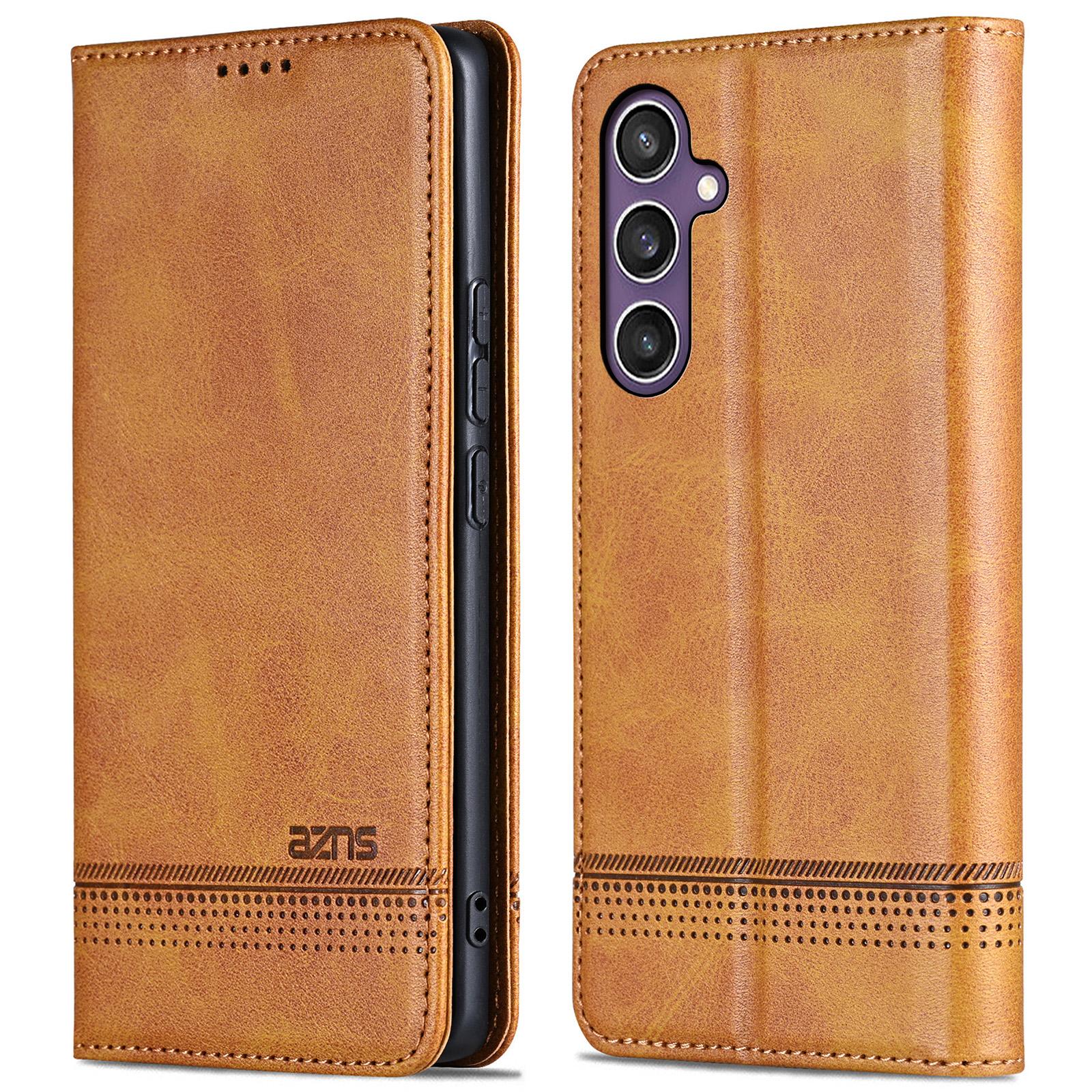 

For Samsung Galaxy S24 FE Cowhide Texture Phone Stand Case Magnetic PU Leather Phone Shell Cover Brown