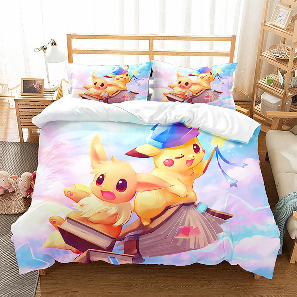 Cute Pikachu Animation Image 3D Digital Printing Bedding Three-Piece Set