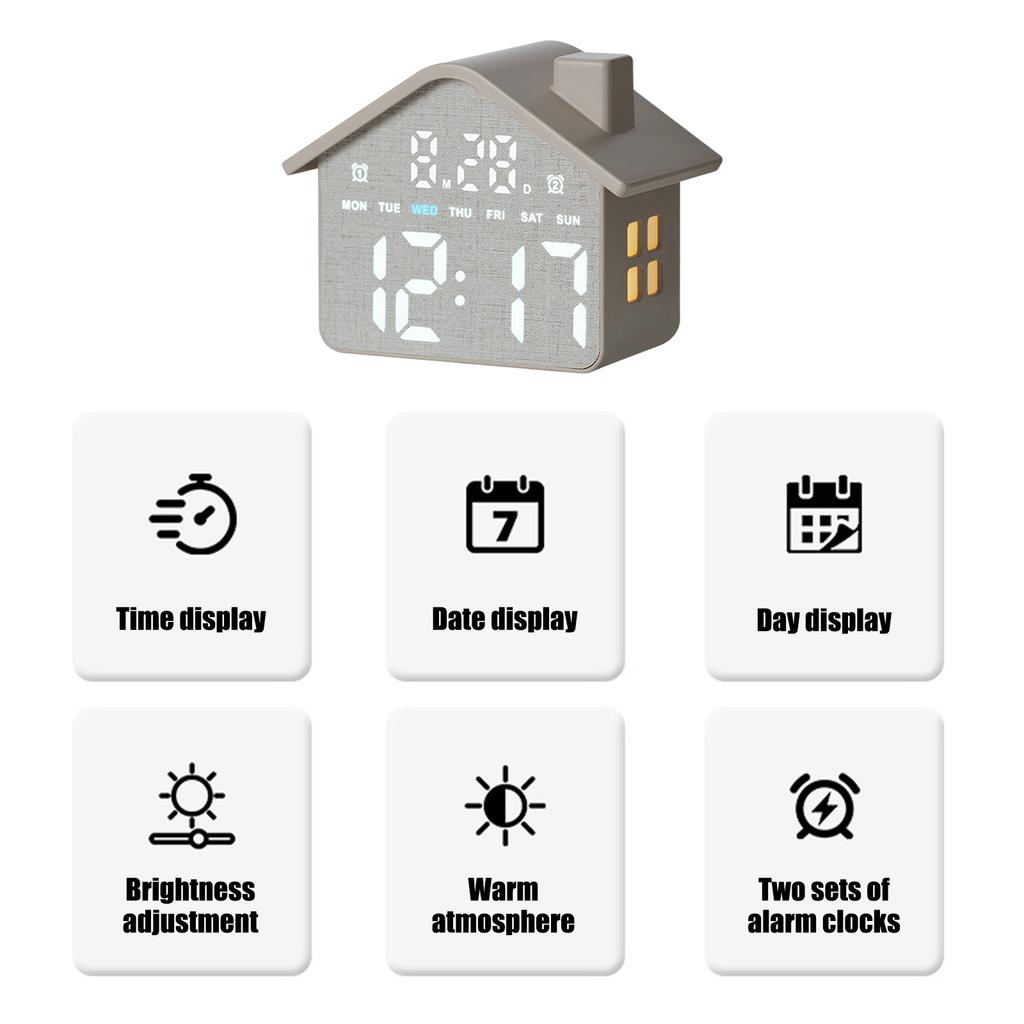 LED House Shape Digital Alarm Clock with Night Light Multi-Functional House Clocks Brightness Adjustment for Bedroom Living Room