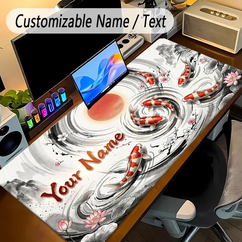 Koi Fish Theme Personalized Mouse Pad Custom Name Text Non Slip Desk Pad For Laptop Office Desktop