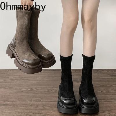 Designer Vintage Damen Stretch Moderne Stiefeletten Mode Slip On Kurze Stiefeletten Herbst Winter Plateauabsatz Damenschuhe