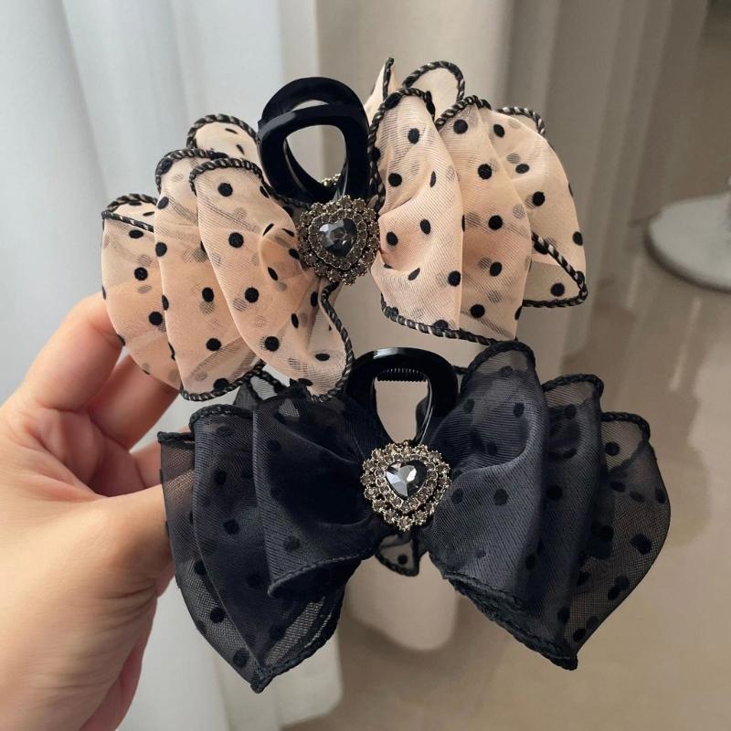 Bows Elegant Hair Claw Polkas Dots Meshes for Women and Girls Vintage Styles Hair Accessory