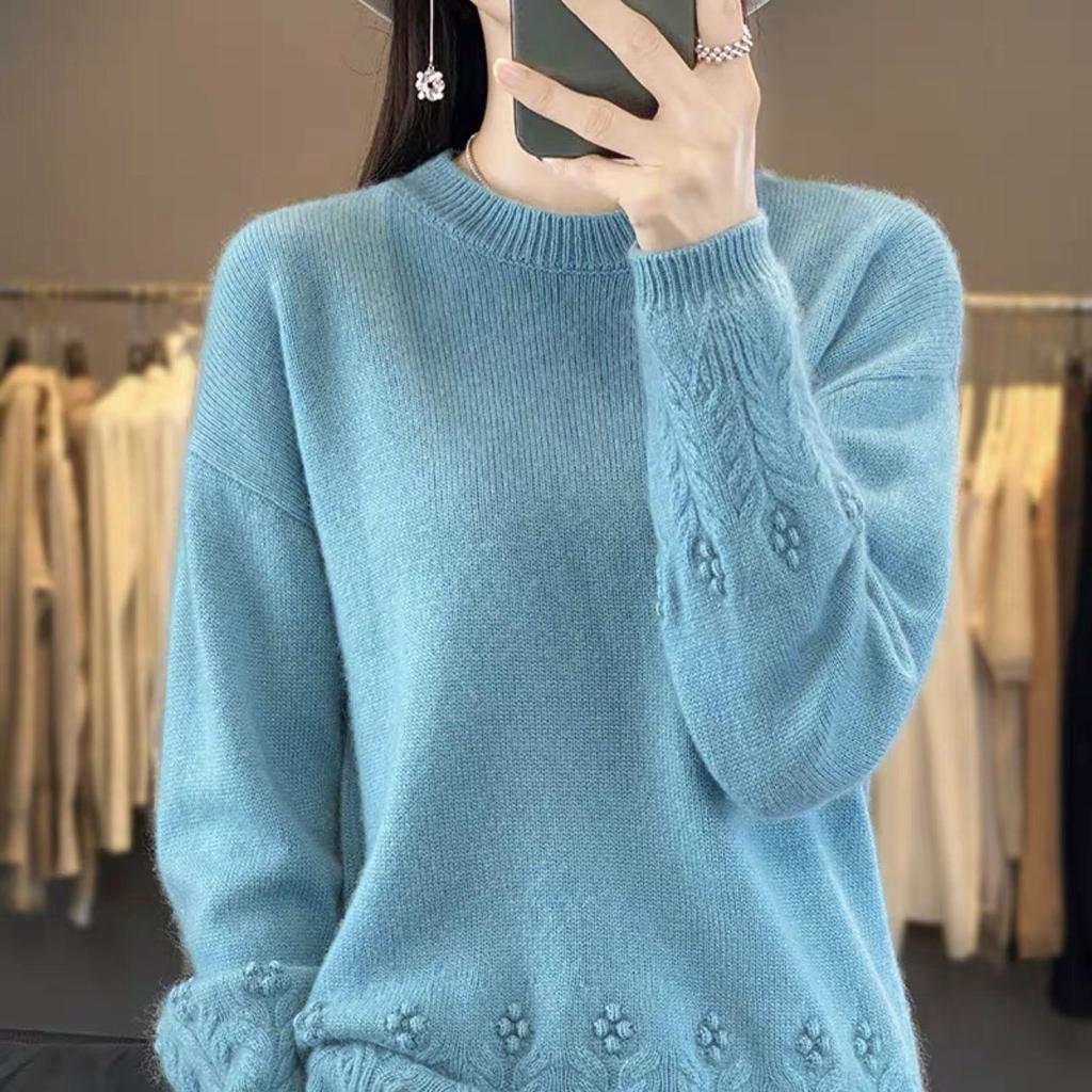 Rundhalspullover für Damen im Herbst und Winter, einfarbig, lockerer Jacquard-Pullover und Pullover mit weicher, klebriger Strickbasis