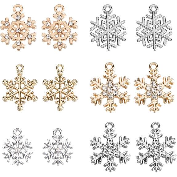 SUNNYCLUE 1 Box 36Pcs 6 Style Snow Charms Christmas Snowflake Charms Xmas Winter Rhinestone Pendants for Jewelry Making DIY Bracelet Necklace