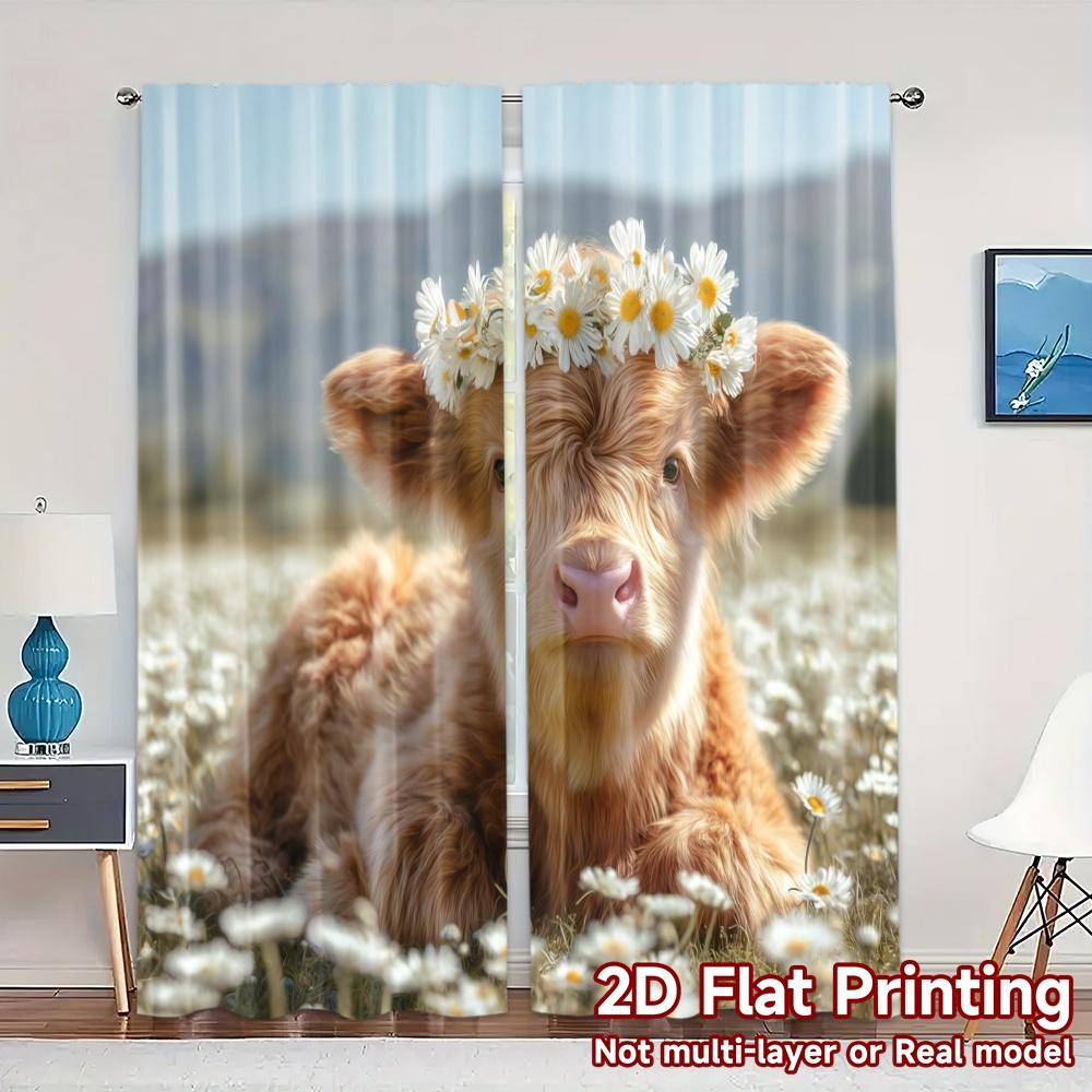 

Set Of 2 Flat Printing Curtains Without Rod Daisy Calf Popular Fashionable Versatile Polyester Fabric Art Made W100*H70(CM)-Hooks&1PCS