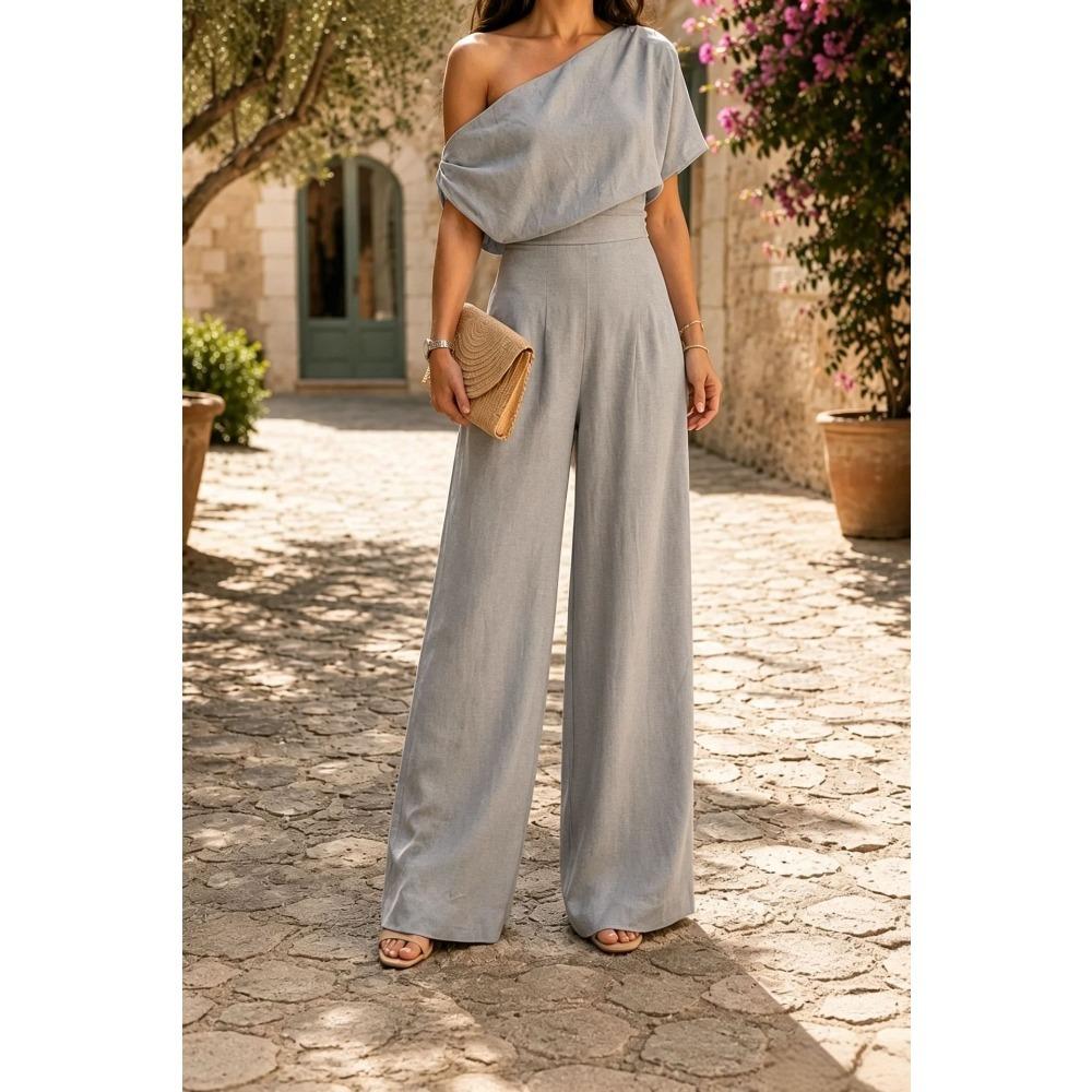 Women's One Shoulder Short Sleeve Slim Fit Casual Linen Wide Leg Jumpsuit for Summer