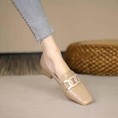 Casual Loafer Woman Kicks British Style Metal Buckle Square Toe Small Leather Shoes Mid-heeled Single Shoes