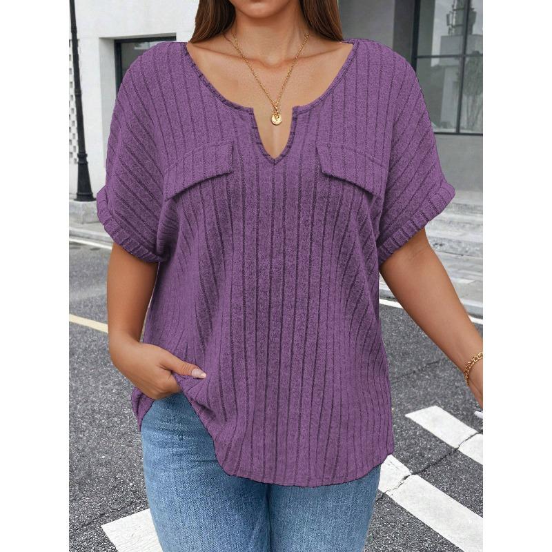 QICED Women's Fashion Casual Solid Color Print Short Sleeve V Neck Blouses & Shirts