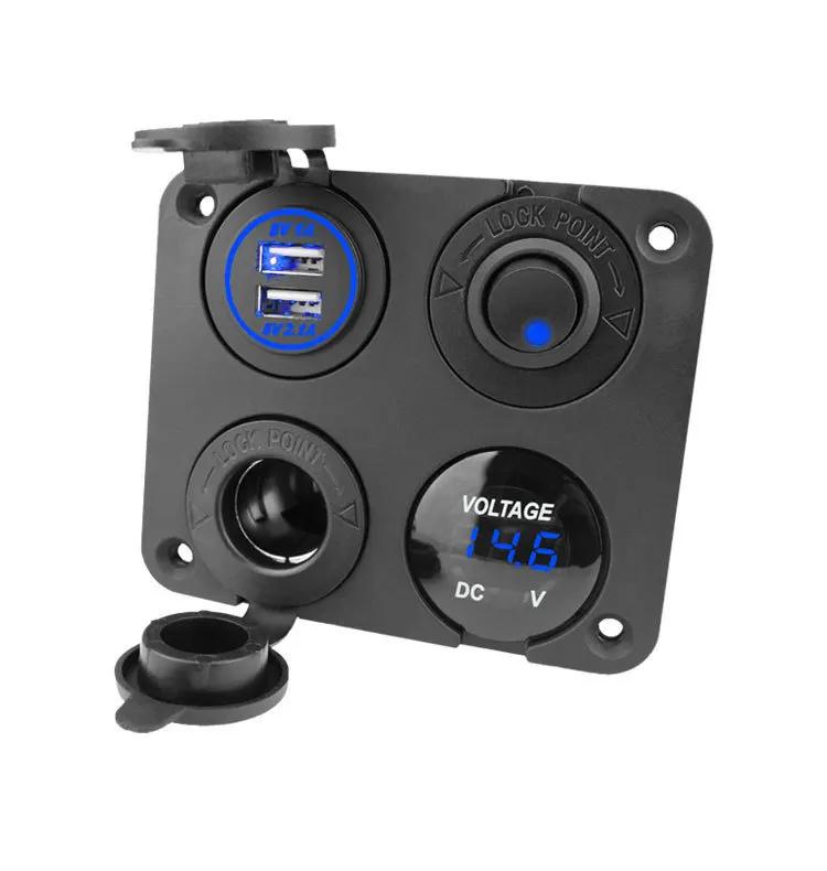 Car Charger 12V USB Panel Socket 4 in 1 Dual USB Charger with Rocker Switch Car Cigarette Lighter Digital Voltmeter for Car RV