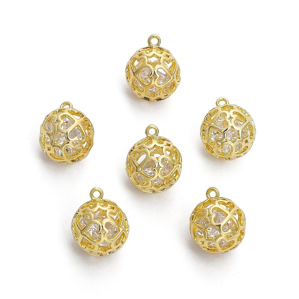 Copper Peach Heart Hollow Ball Pendant with White Diamond for DIY Jewelry 1 Pc