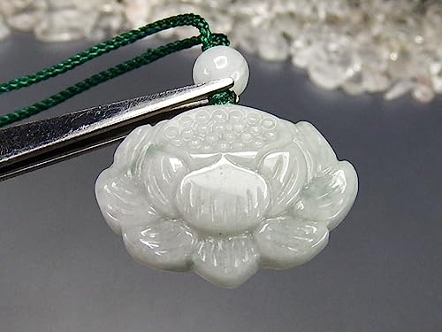 [Stone Street] Rare Jadeite Lotus Flower Carving Pendant with Green Cord Necklace