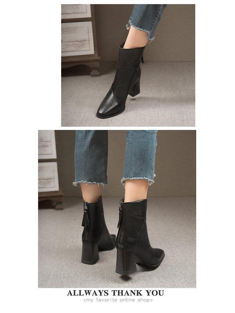 Genuine Leather Chunky Heel Patchwork Short Boots for Women - Autumn/Winter Style with Back Zipper and Frosted Finish