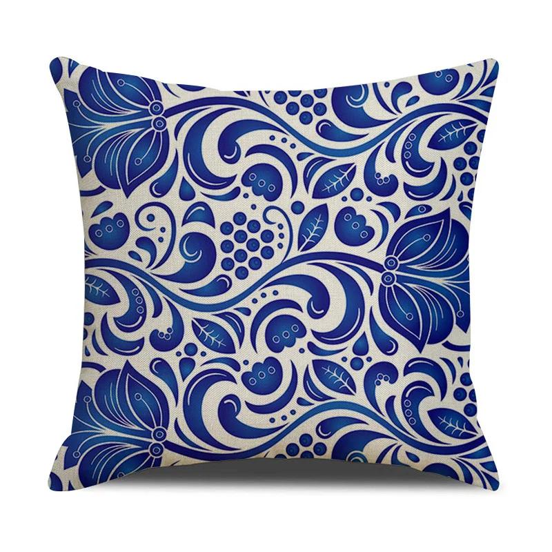Chinese retro style blue and white ceramic printed fabric linen cotton throw pillow wrapped sofa home decoration pillow