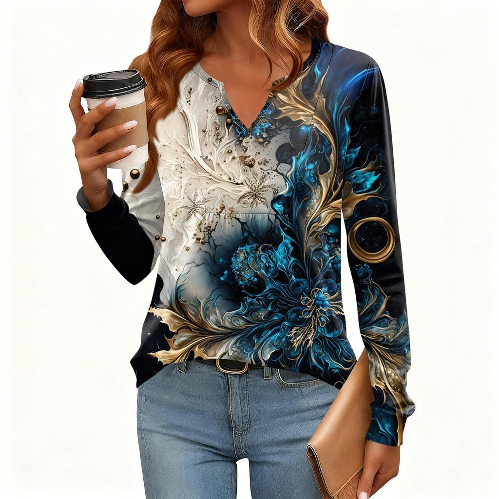 Women's Relaxed,Fit V,Neck Vintage Color,Blocked Floral Print Long,Sleeve Pullover Tee