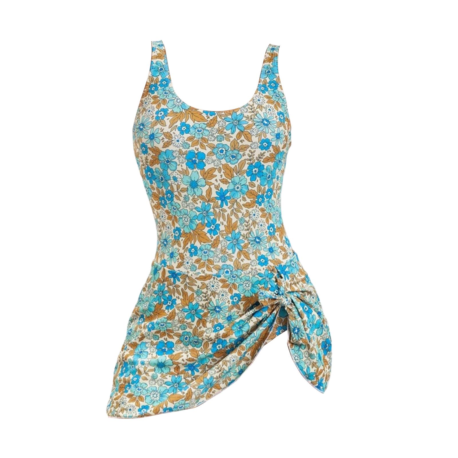 

Women s Swimsuit Conservative Flower And Plant Printing Suspender Skirt Swimsuit L синий