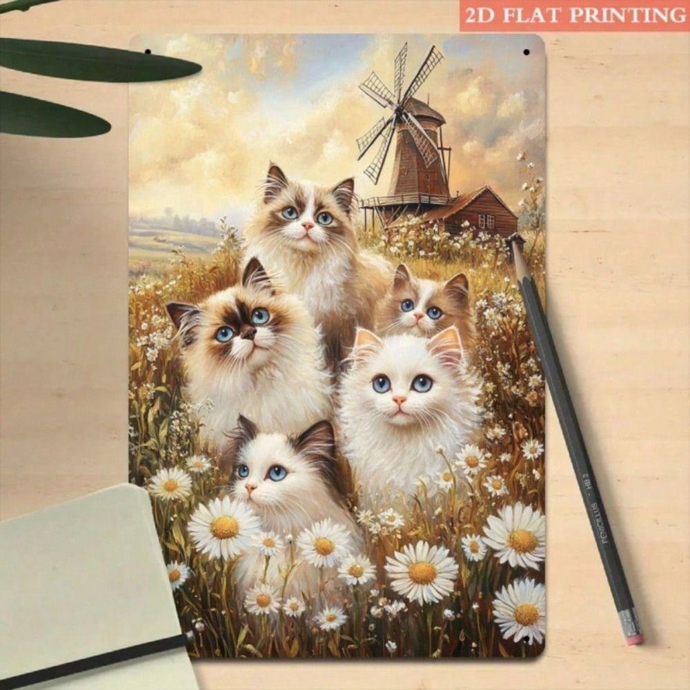 Vintage Cat Windmill Metal Poster, Rotating Blades Garden Wall Art